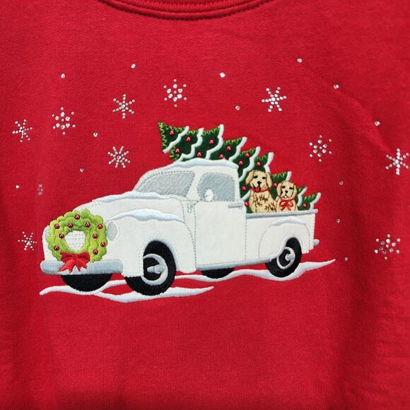 Morning Sun Red Holiday Sweatshirt Size 2XL Dogs Truck Xmas Tree 90s Granny - Picture 3 of 9